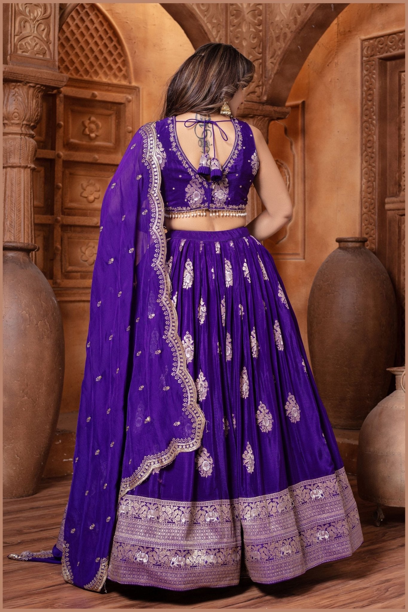Royal Purple Embroidered Silk Lehenga Choli Set with Zari and Mirror Work Dupatta - Mangaldeep NX