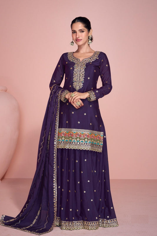 Royal Purple Embroidered Wedding Wear Sharara Suit With Dupatta - Mangaldeep NX