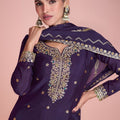 Royal Purple Embroidered Wedding Wear Sharara Suit With Dupatta - Mangaldeep NX