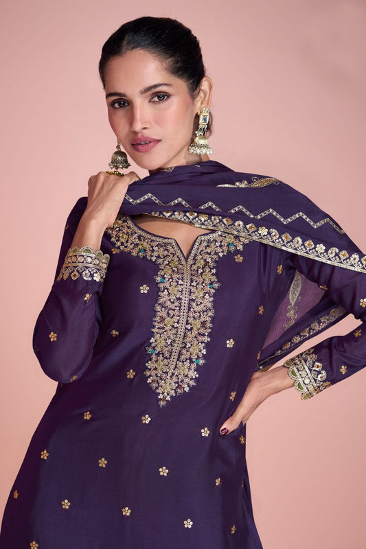Royal Purple Embroidered Wedding Wear Sharara Suit With Dupatta - Mangaldeep NX
