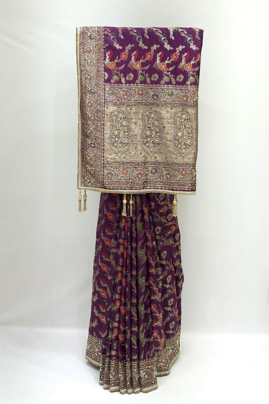 Royal Purple Georgette Saree with Golden Embroidered - Mangaldeep NX