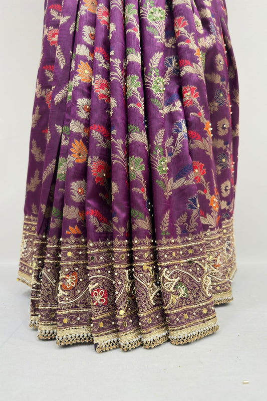 Royal Purple Georgette Saree with Golden Embroidered - Mangaldeep NX