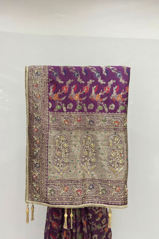 Royal Purple Georgette Saree with Golden Embroidered - Mangaldeep NX