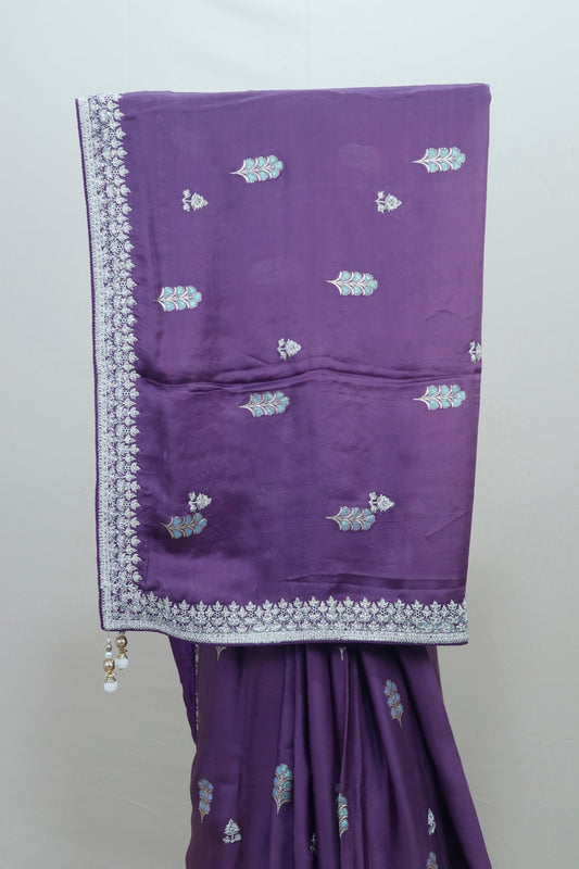 Royal Purple Satin Silk Saree Festive Wedding Wear Saree - Mangaldeep NX