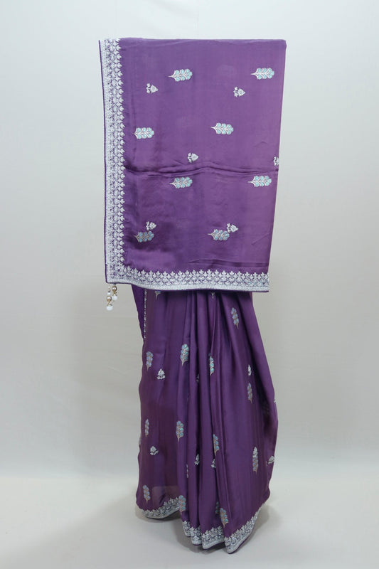 Royal Purple Satin Silk Saree Festive Wedding Wear Saree - Mangaldeep NX