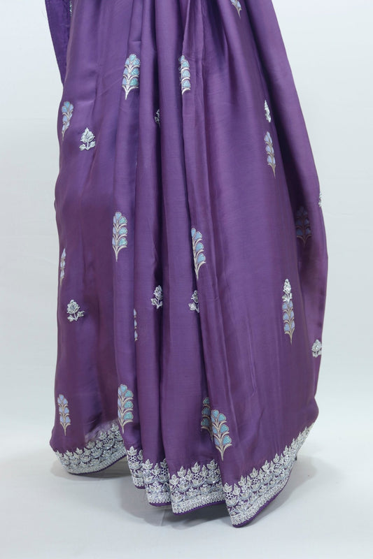 Royal Purple Satin Silk Saree Festive Wedding Wear Saree - Mangaldeep NX