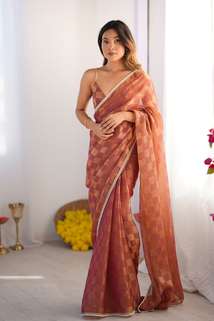 Rust Orange and Pink Checkered Chiffon Saree with Pearl Lace Border - Mangaldeep NX