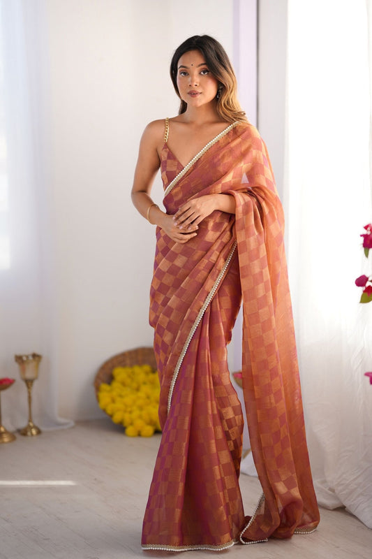 Rust Orange and Pink Checkered Chiffon Saree with Pearl Lace Border - Mangaldeep NX