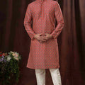 Rust Orange Art Silk Kurta Pyjama Set for Men with Geometric Brocade Weave - Mangaldeep NX