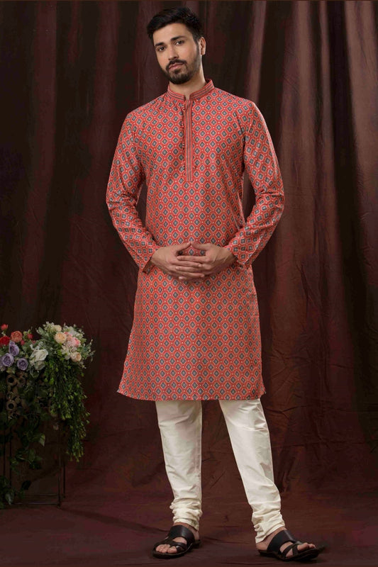 Rust Orange Art Silk Kurta Pyjama Set for Men with Geometric Brocade Weave - Mangaldeep NX