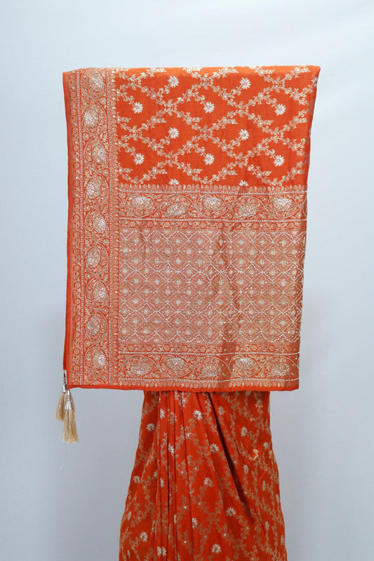 Rust Orange Banarasi Silk Saree Motifs Wedding Festive Wear - Mangaldeep NX