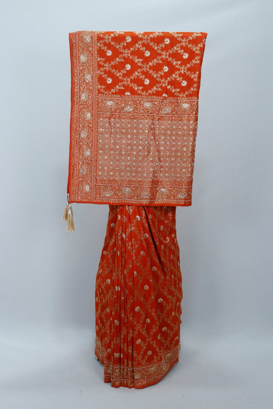 Rust Orange Banarasi Silk Saree Motifs Wedding Festive Wear - Mangaldeep NX