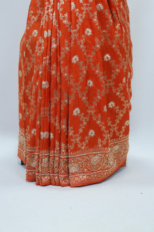 Rust Orange Banarasi Silk Saree Motifs Wedding Festive Wear - Mangaldeep NX