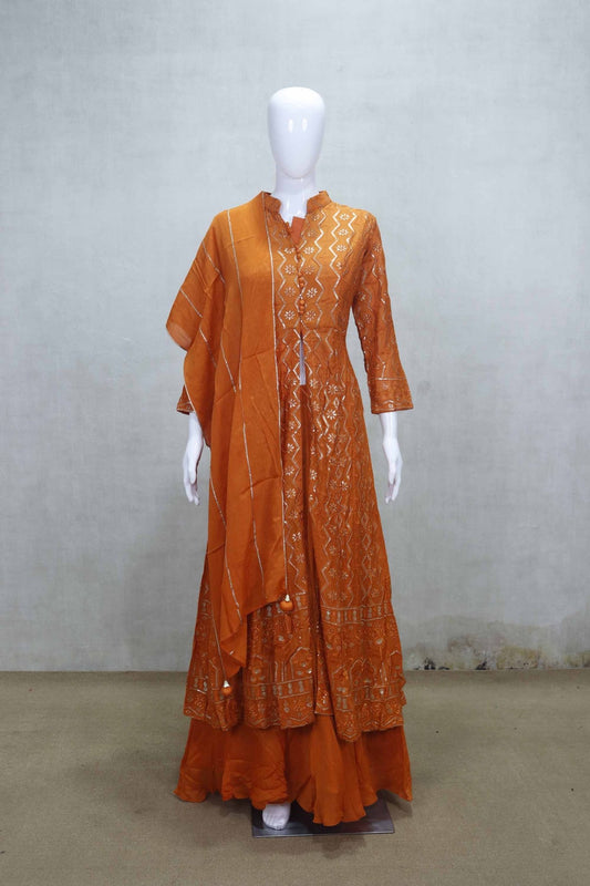 Rust Orange Embroidered Anarkali Kurta Set with Mirror Work and Matching Dupatta - Mangaldeep NX