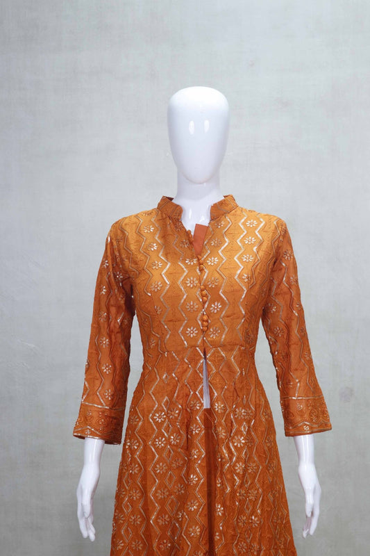 Rust Orange Embroidered Anarkali Kurta Set with Mirror Work and Matching Dupatta - Mangaldeep NX