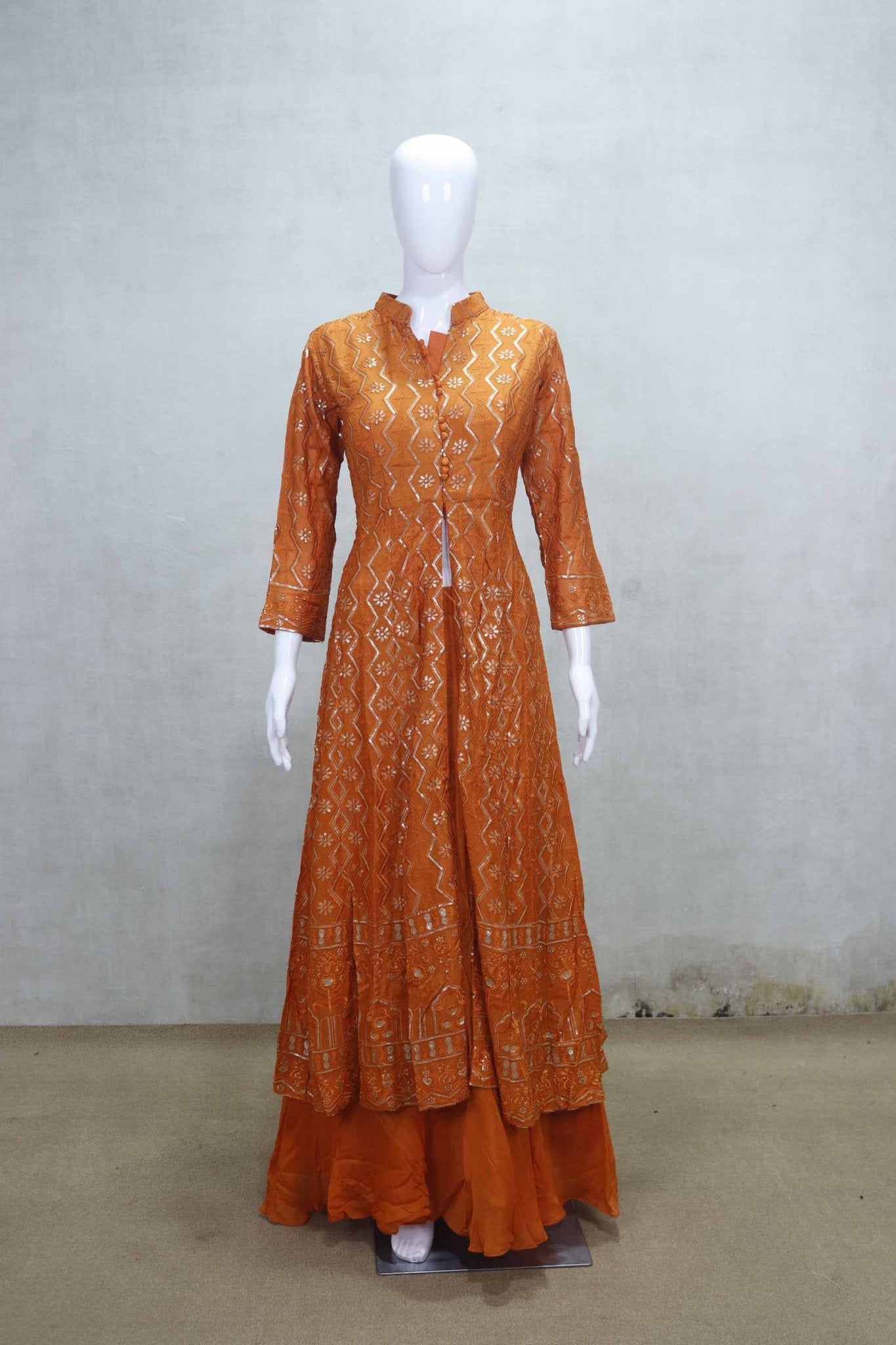 Rust Orange Embroidered Anarkali Kurta Set with Mirror Work and Matching Dupatta - Mangaldeep NX