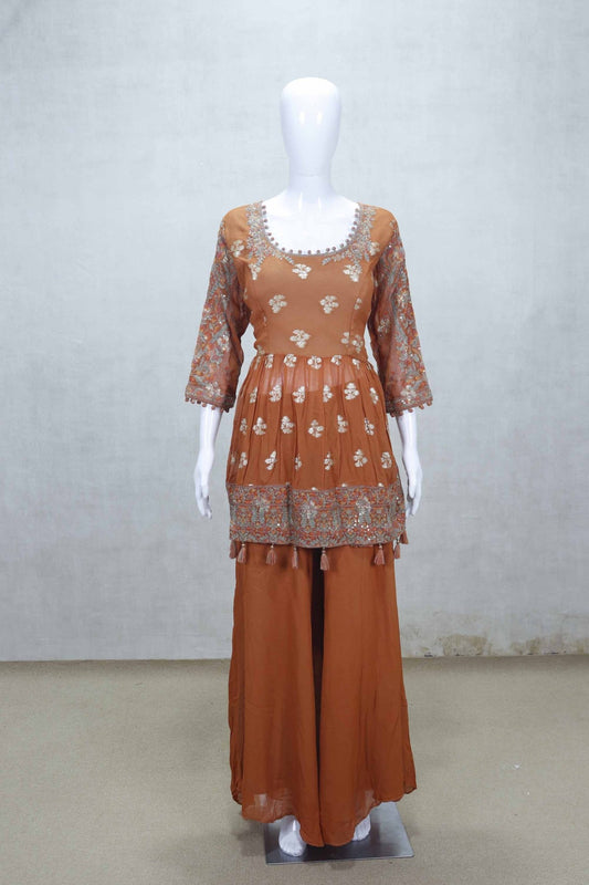 Rust Orange Embroidered Readymade Sharara Set with Dupatta - Mangaldeep NX