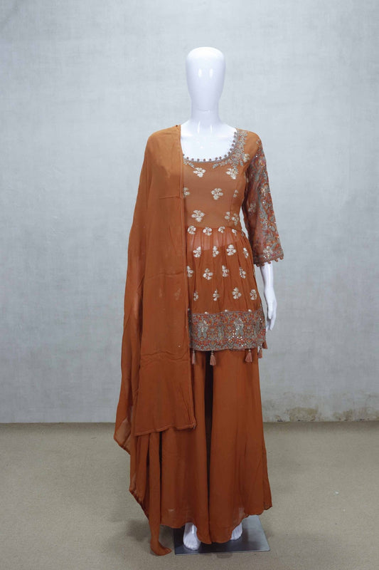 Rust Orange Embroidered Readymade Sharara Set with Dupatta - Mangaldeep NX