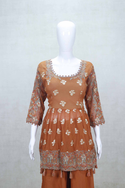 Rust Orange Embroidered Readymade Sharara Set with Dupatta - Mangaldeep NX