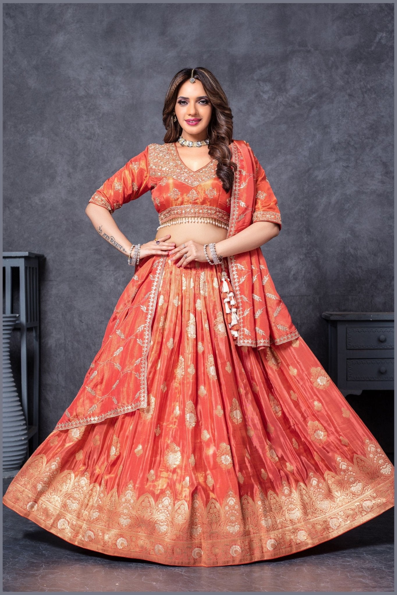 Rust Orange Embroidered Silk Lehenga Choli with Dupatta - Mangaldeep NX