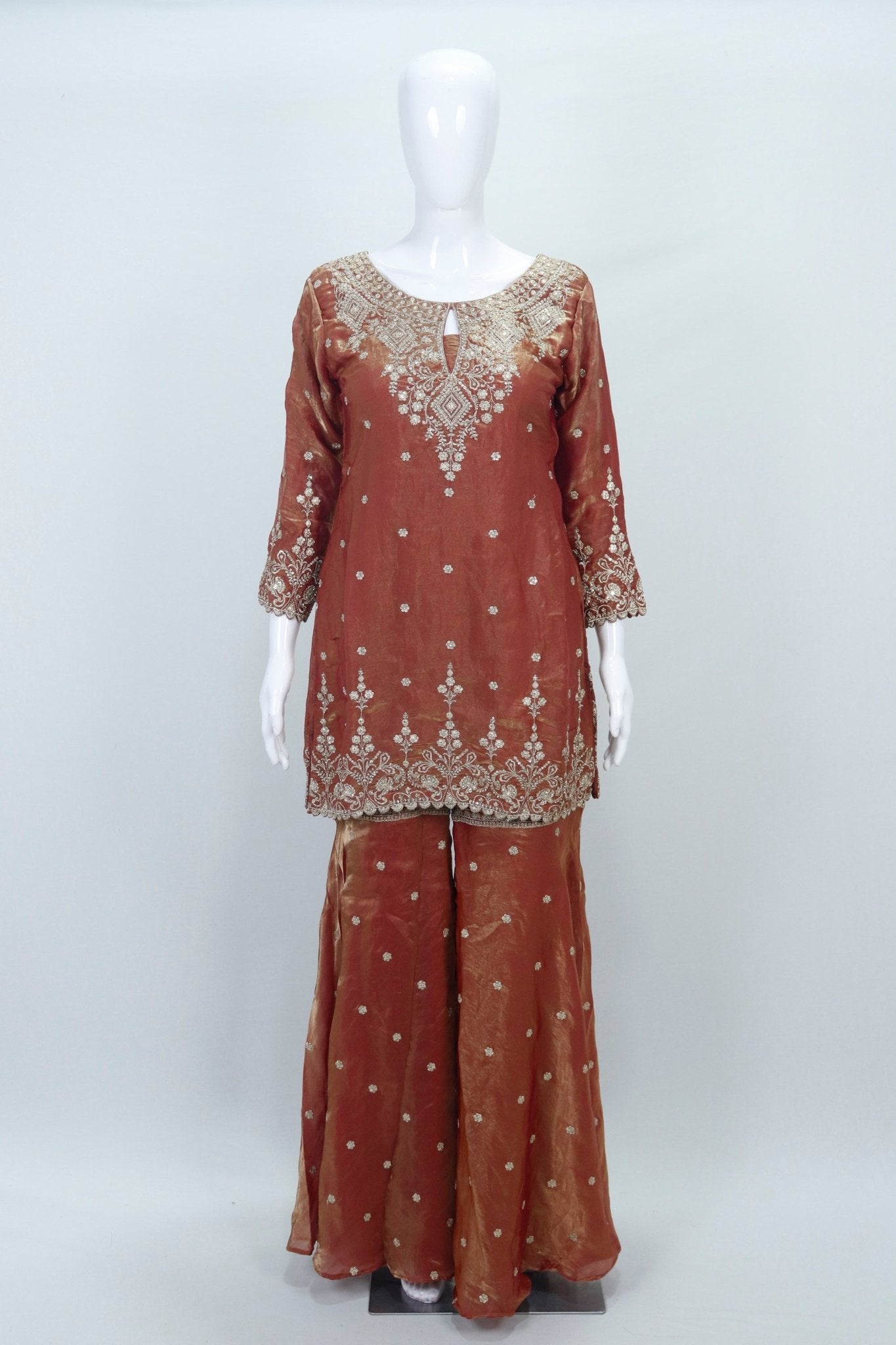 Rust Orange Embroidered Silk Palazzo Suit with Dupatta - Mangaldeep NX