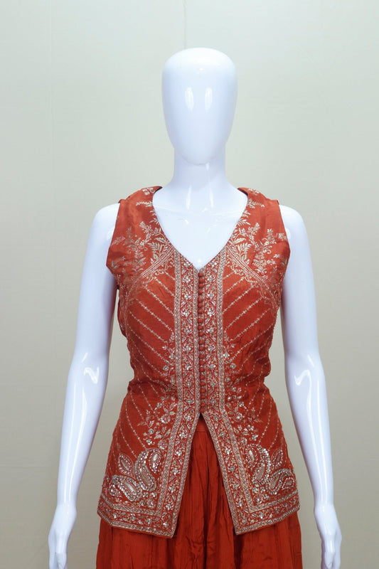Rust Orange Indo - Western Sharara Set with Embroidered Peplum Kurti and Dupatta - Mangaldeep NX