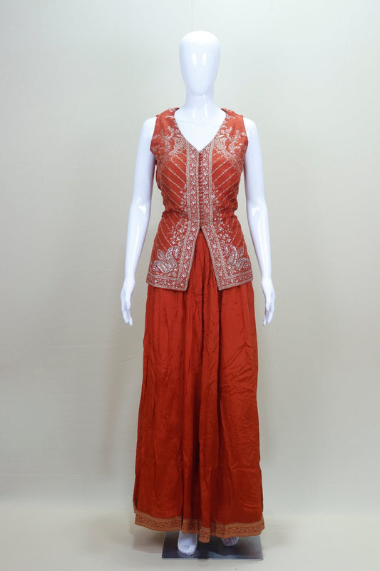 Rust Orange Indo - Western Sharara Set with Embroidered Peplum Kurti and Dupatta - Mangaldeep NX