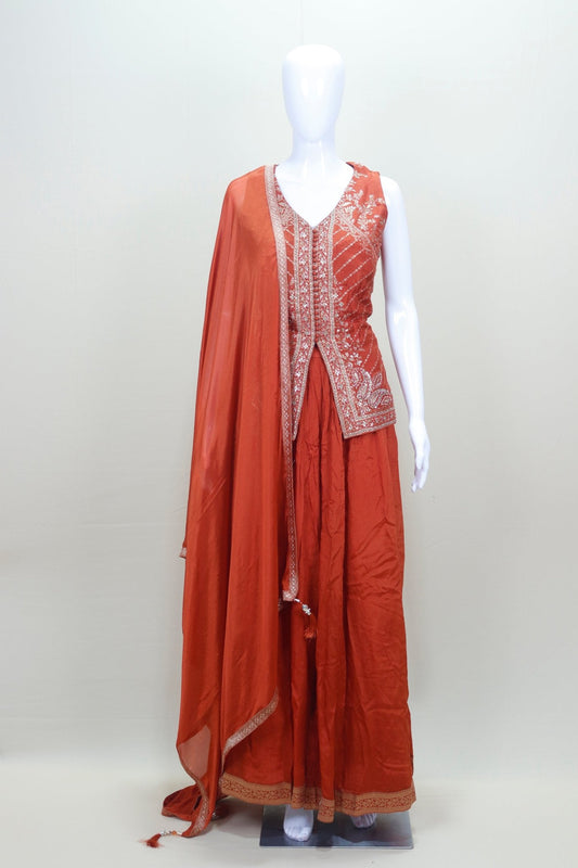 Rust Orange Indo - Western Sharara Set with Embroidered Peplum Kurti and Dupatta - Mangaldeep NX