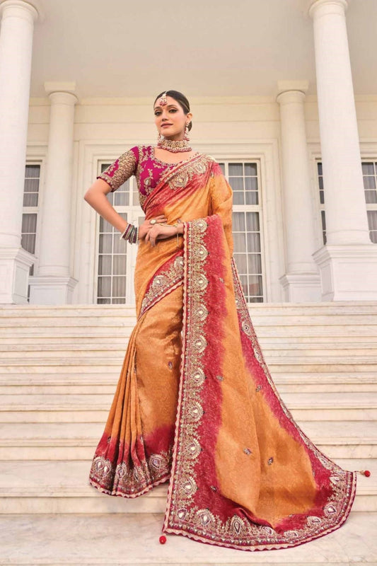 Rust Orange & Maroon Silk Saree with Heavy Embroidery - Mangaldeep NX