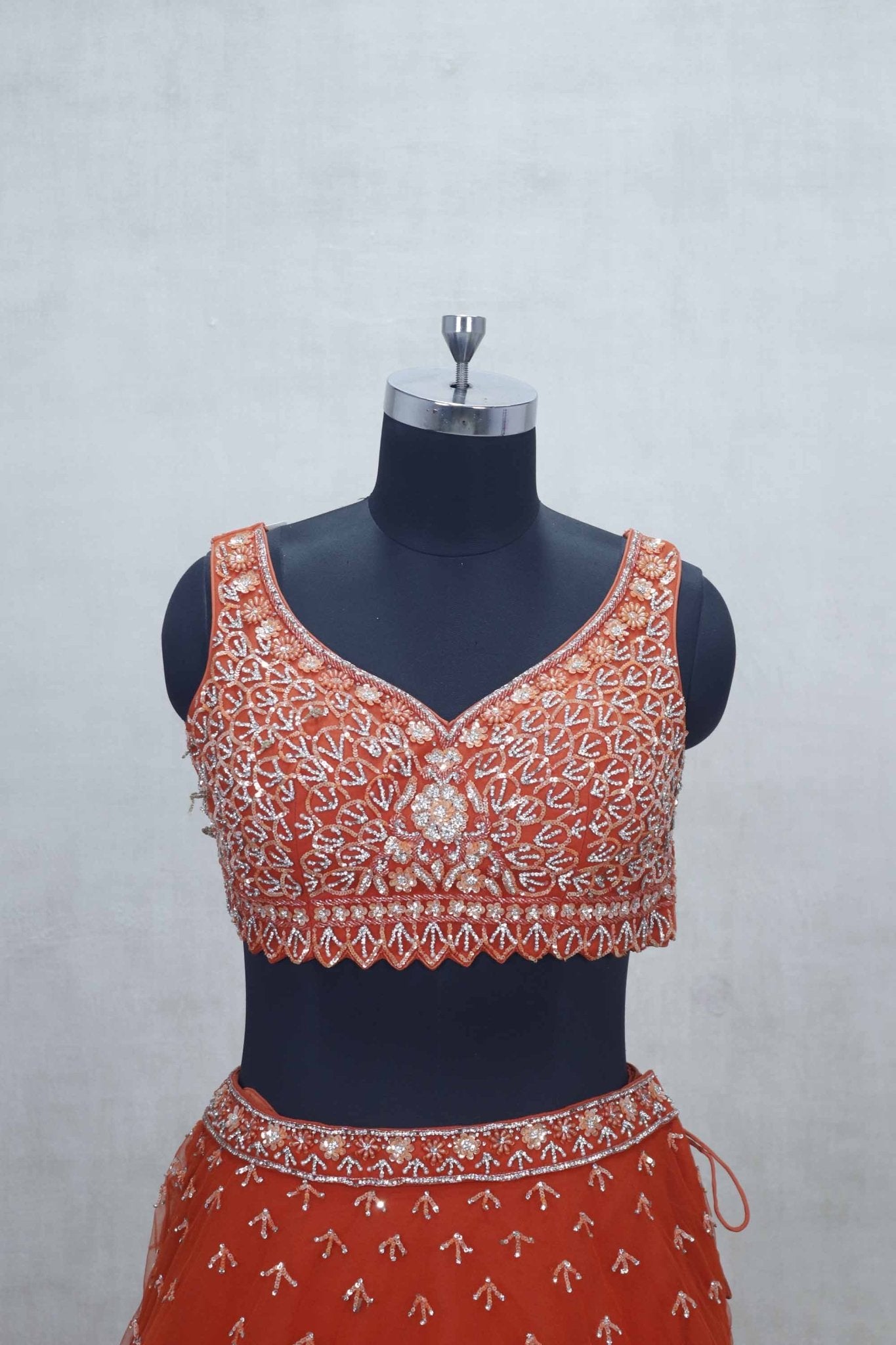 Rust Orange Net Embroidered Lehenga Choli with Sequin Work and Sheer Dupatta - Mangaldeep NX