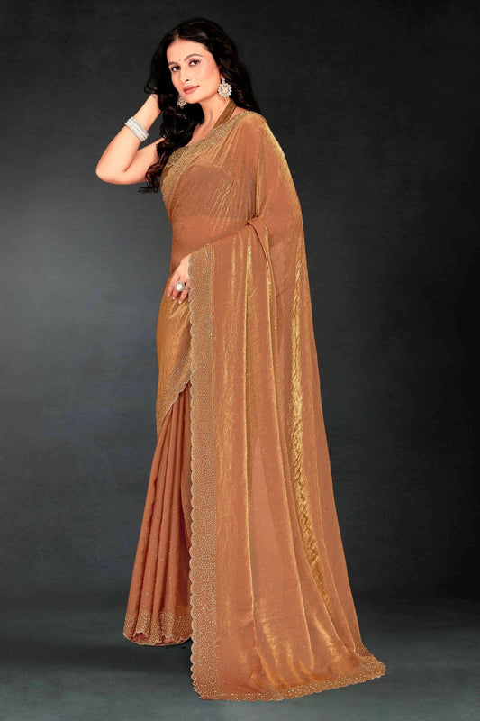 Rust Orange Sequin Embellished Party Wear Fandy Silk Saree with Golden Scallop Border - Mangaldeep NX