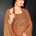 Rust Orange Sequin Embellished Party Wear Fandy Silk Saree with Golden Scallop Border - Mangaldeep NX