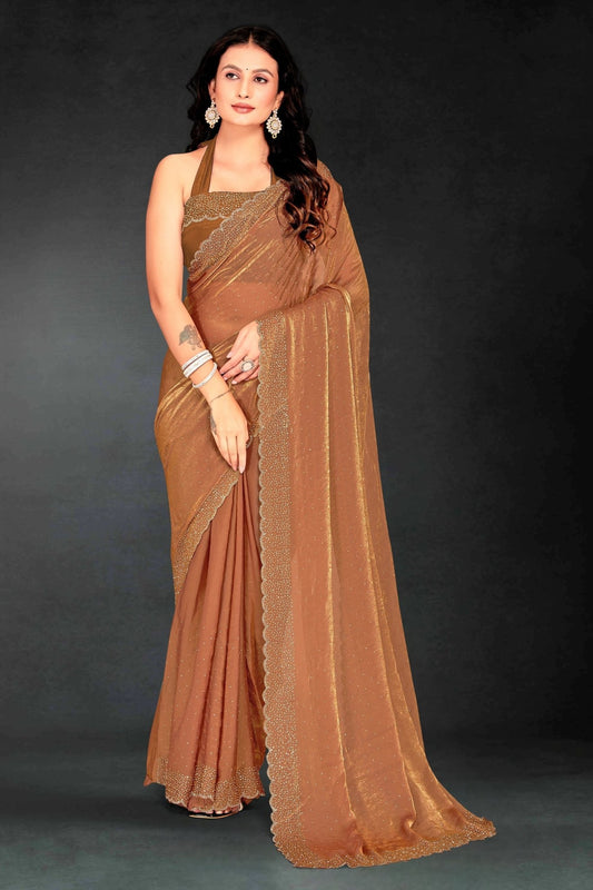 Rust Orange Sequin Embellished Party Wear Fandy Silk Saree with Golden Scallop Border - Mangaldeep NX