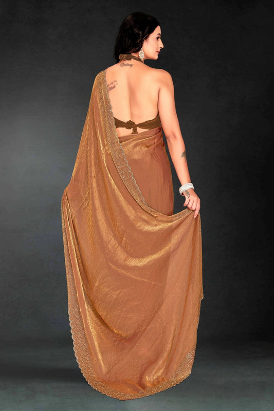 Rust Orange Sequin Embellished Party Wear Fandy Silk Saree with Golden Scallop Border - Mangaldeep NX