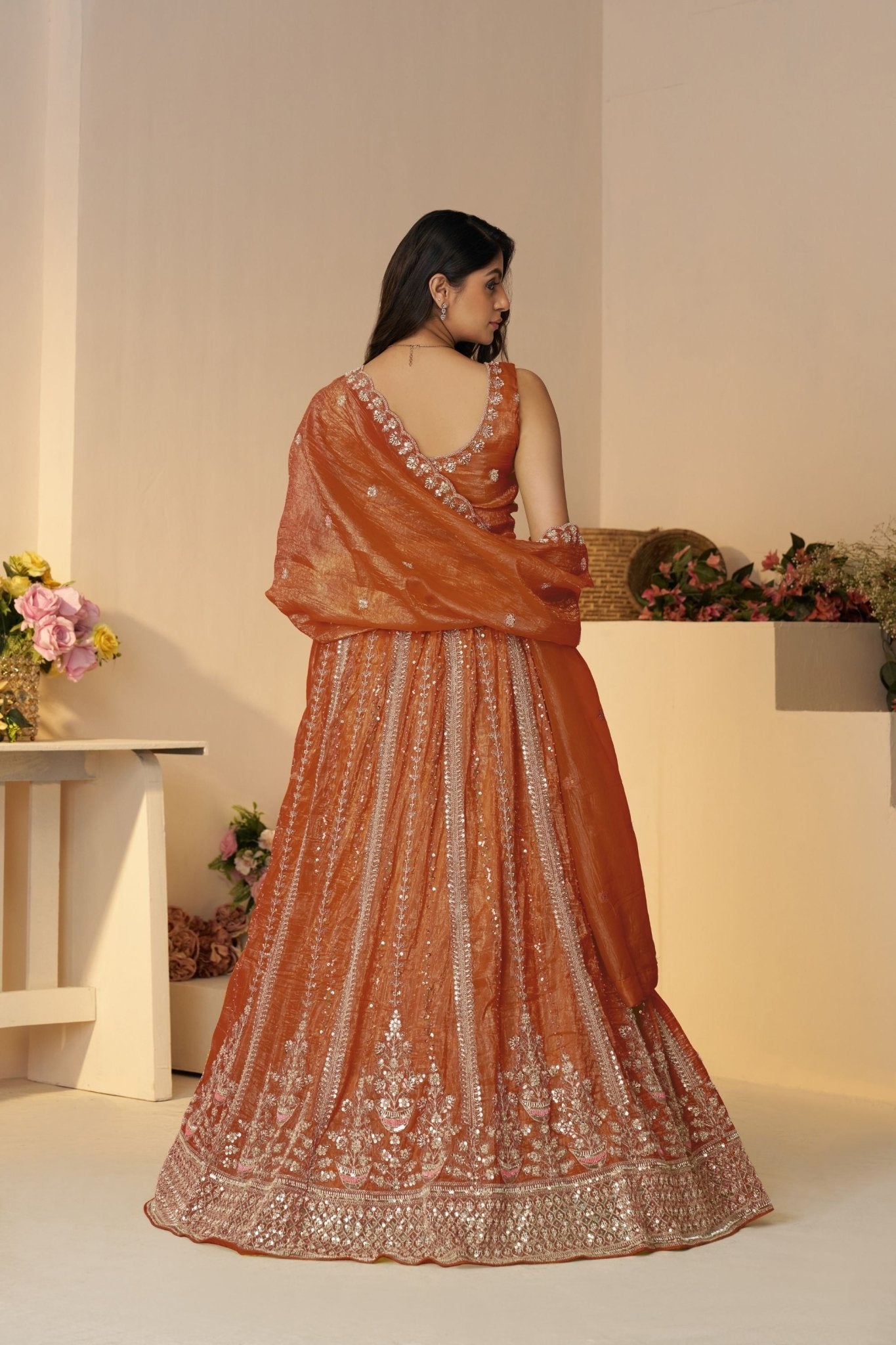 Rust Orange Sequin Embroidered Lehenga Choli with Dupatta - Mangaldeep NX