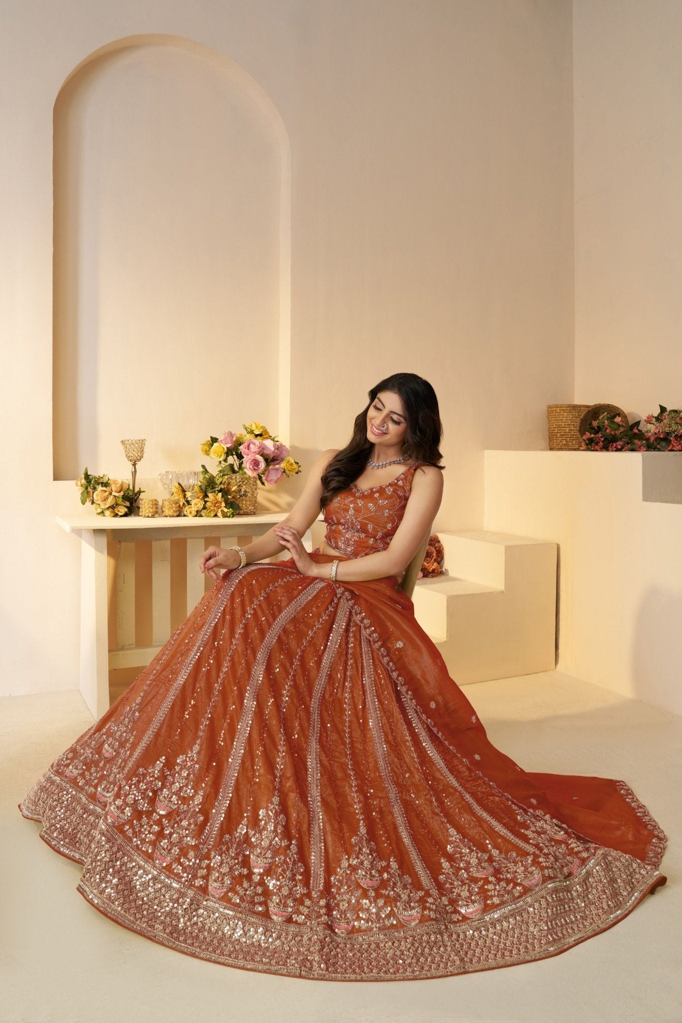 Rust Orange Sequin Embroidered Lehenga Choli with Dupatta - Mangaldeep NX