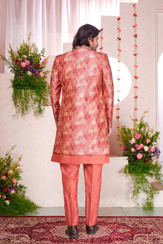 Rust Orange Silk Kurta Set with Gold Brocade Patterned Indo - Western Jacket for Men - Mangaldeep NX