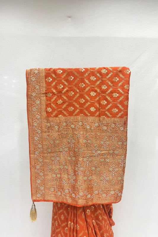 Rust Orange Silk Saree with Gold Zari Embroidery - Mangaldeep NX