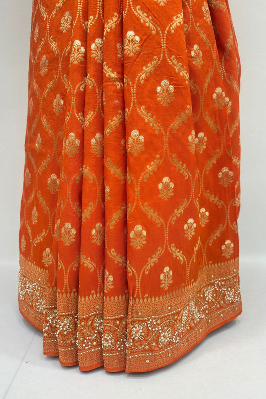 Rust Orange Silk Saree with Gold Zari Embroidery - Mangaldeep NX