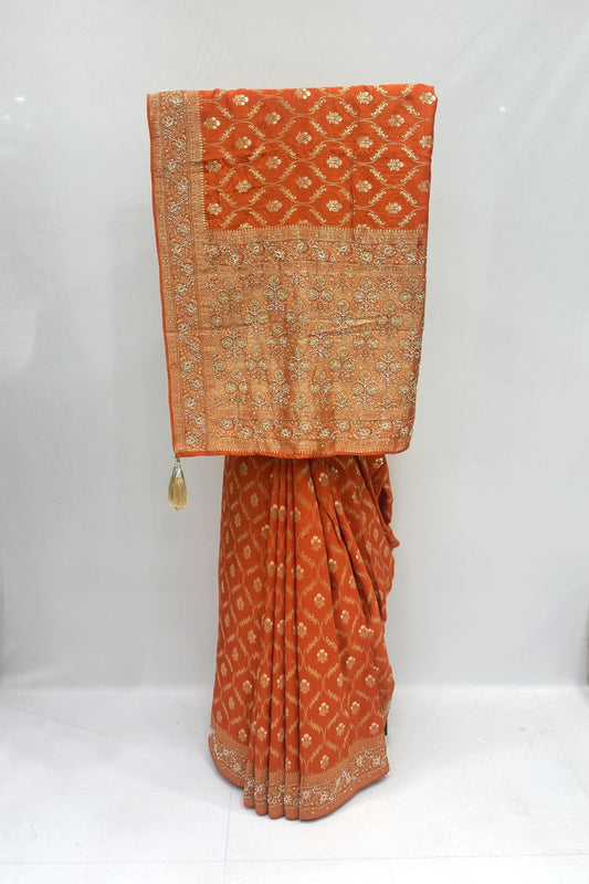 Rust Orange Silk Saree with Gold Zari Embroidery - Mangaldeep NX