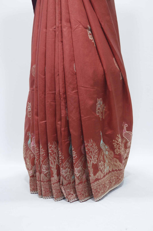 Rust Orange Silk Saree with Woven Peacock Motif and Zari Embroidered Pallu - Mangaldeep NX