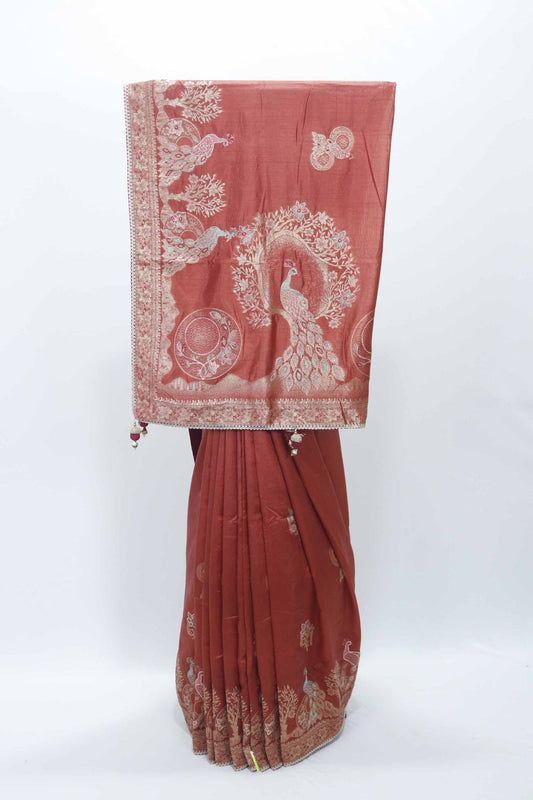 Rust Orange Silk Saree with Woven Peacock Motif and Zari Embroidered Pallu - Mangaldeep NX