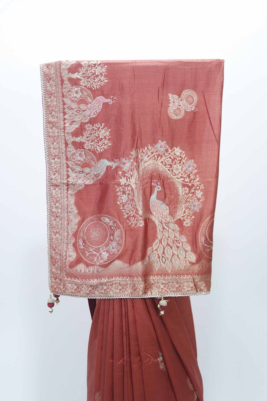 Rust Orange Silk Saree with Woven Peacock Motif and Zari Embroidered Pallu - Mangaldeep NX
