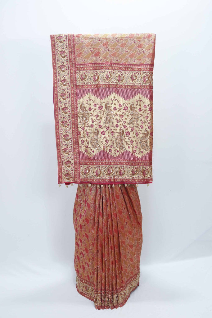 Rust Red Banarasi Silk Saree with Peacock Zari Work and Traditional Border - Mangaldeep NX