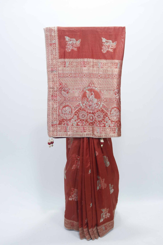 Rust Red Bangalori Silk Saree with Intricate Zari Weaving and Traditional Motifs - Mangaldeep NX