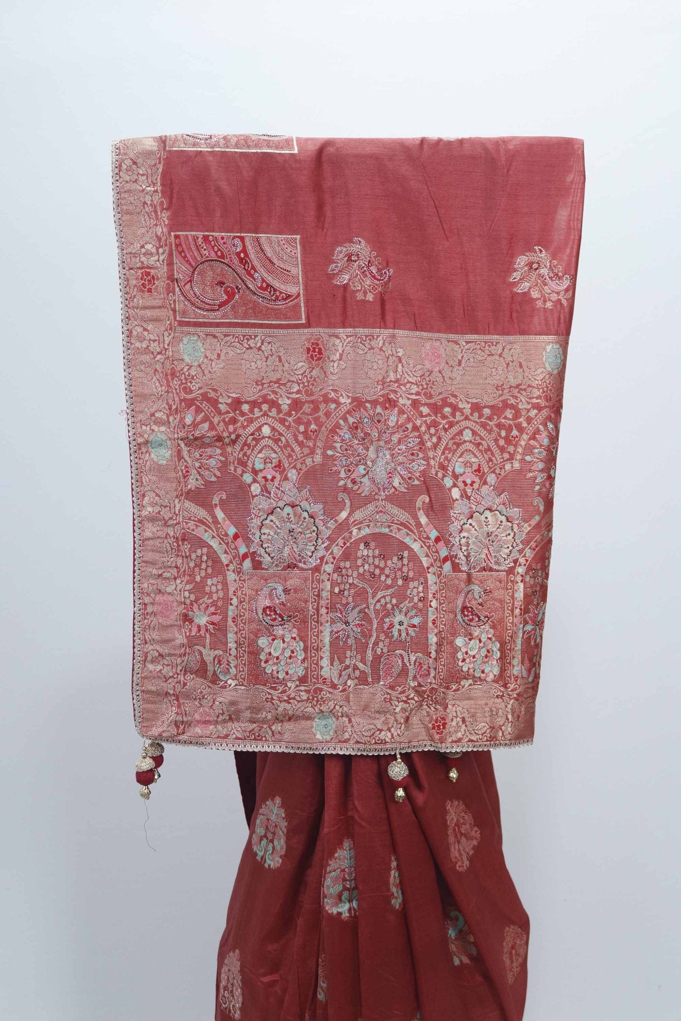 Rust Red Bangalori Silk Saree with Silver Zari Paisley and Floral Weaving - Mangaldeep NX