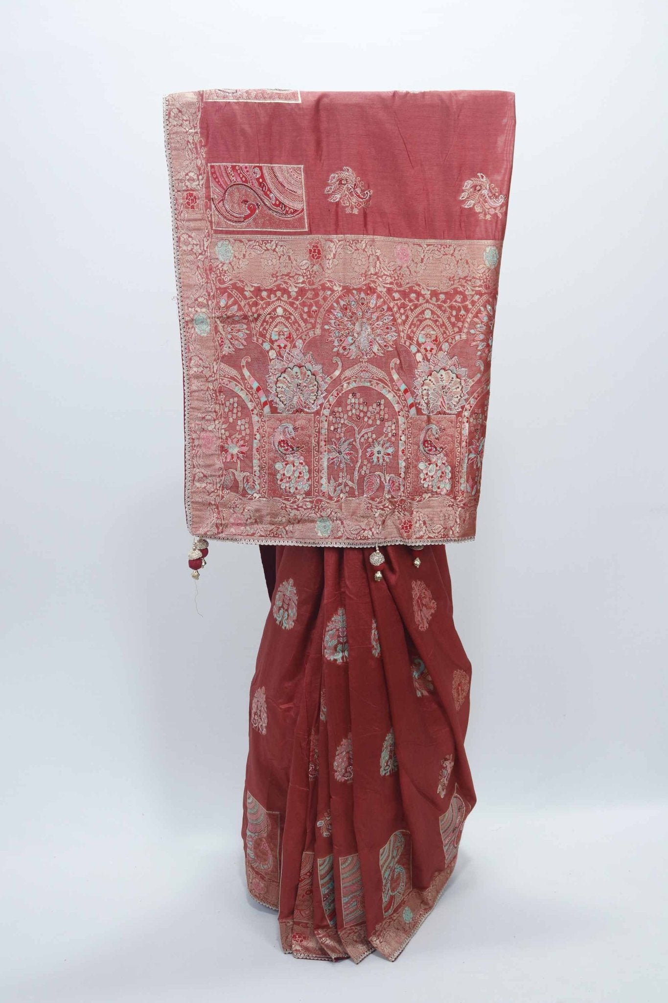 Rust Red Bangalori Silk Saree with Silver Zari Paisley and Floral Weaving - Mangaldeep NX