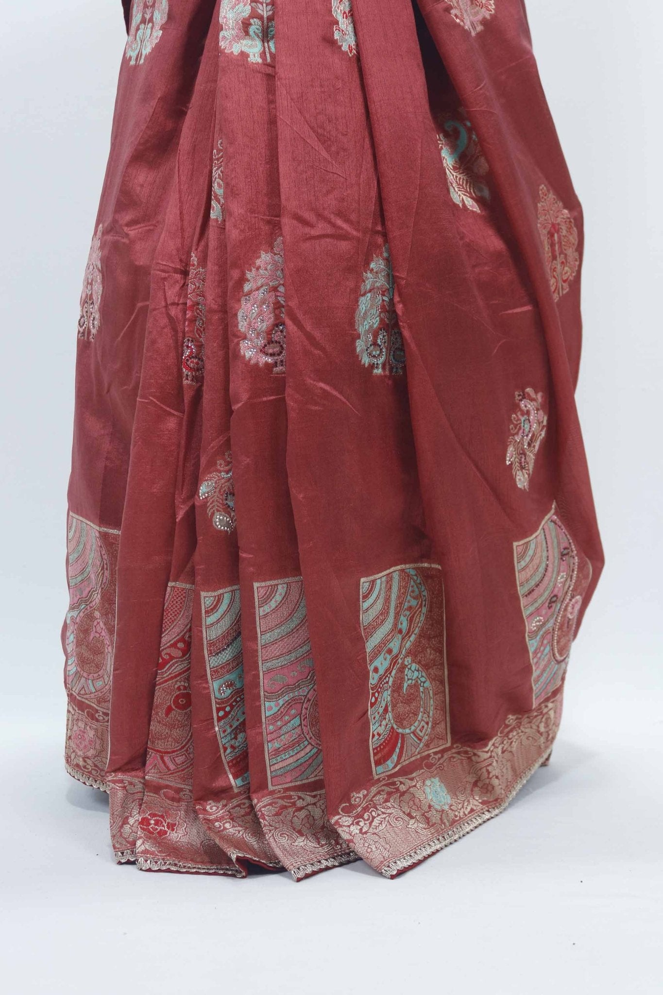 Rust Red Bangalori Silk Saree with Silver Zari Paisley and Floral Weaving - Mangaldeep NX