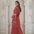 Rust Red Chinon Embroidered Readymade Palazzo Suit with Dupatta - Mangaldeep NX