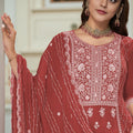 Rust Red Chinon Embroidered Readymade Palazzo Suit with Dupatta - Mangaldeep NX